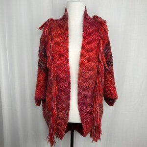 Anthropologie Open Cardigan Sweater XS Fringe Red Southwestern Boho Indie Wool